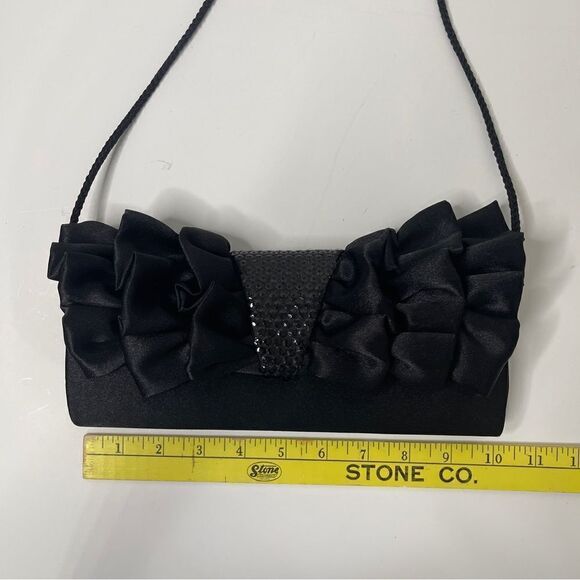 Jessica McClintock Black‎ Satin Evening Purse/Clutch with Ruffled Bow - Picture 5 of 8